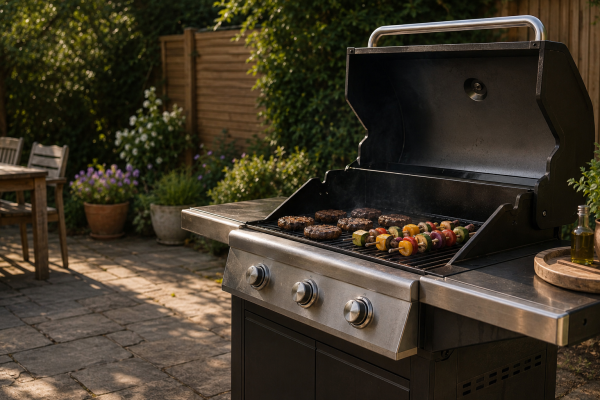 A gas BBQ in a garden with food on it