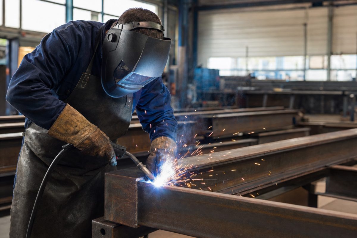 A man in protective overalls welding in a workshop